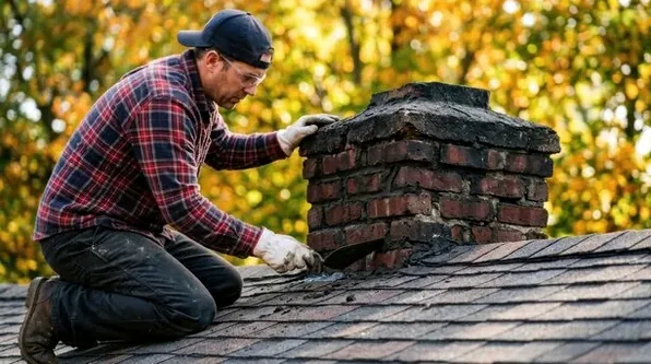 Mason rebuilding a cracked chimney crown on a 1980s Manalapan colonial